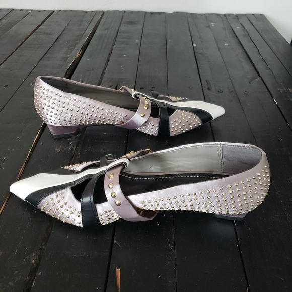 Zara Woman Pointed Toe Ballerina Flats Kitten Heel Grey White Black Gold Studs - Picture 5 of 12